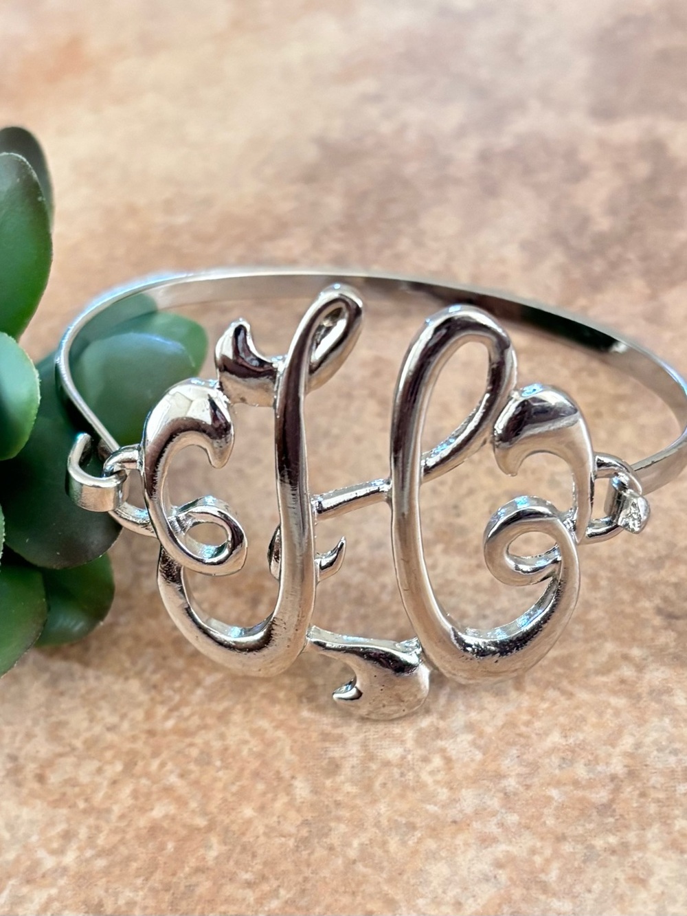 Silver Tone Monogram H Open Cuff Bracelet
